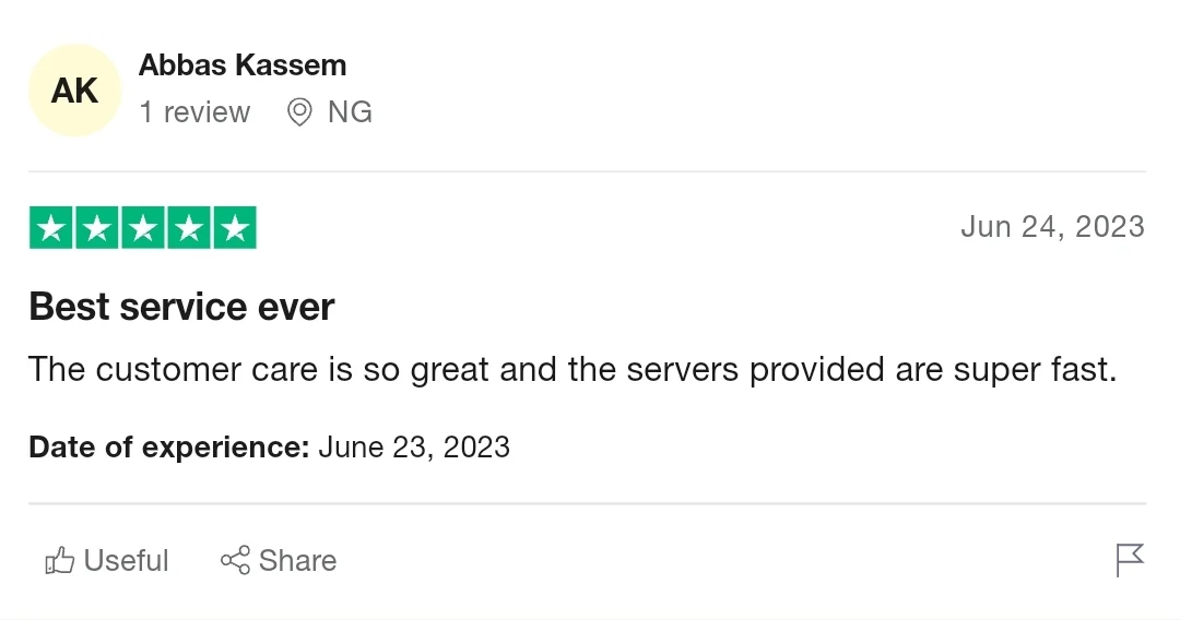 IPTV Sverige Special 5 A iptv reviews by Abbas Kassem, dated June 24, 2023, reads, "Best IPTV service ever. The customer care is so great and the IPTV servers provided are super fast." The experience date is June 23, 2023. The review has a 5-star rating. Options to mark as Useful and Share are visible below the review.